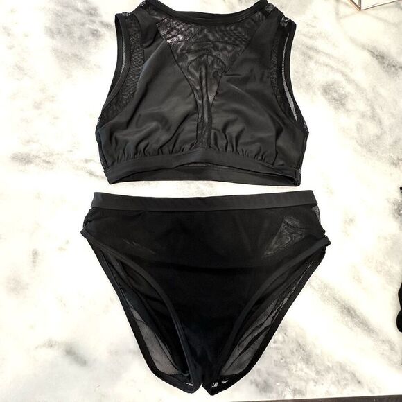 Windsor Mesh Fishnet High Neck Swim Top & Bottom 2Pc Bathing Suit Set Black XL - Picture 1 of 6